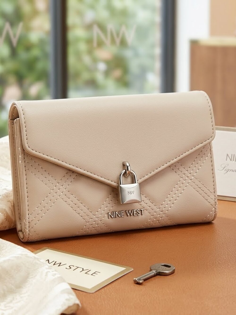 Nine West Milk Quilted Envelope Wallet Clutch with Padlock NWT